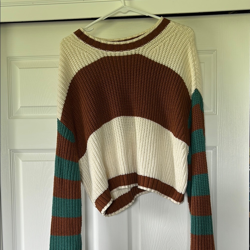 American Eagle Outfitters Brown and Blue Crew Neck Sweater
